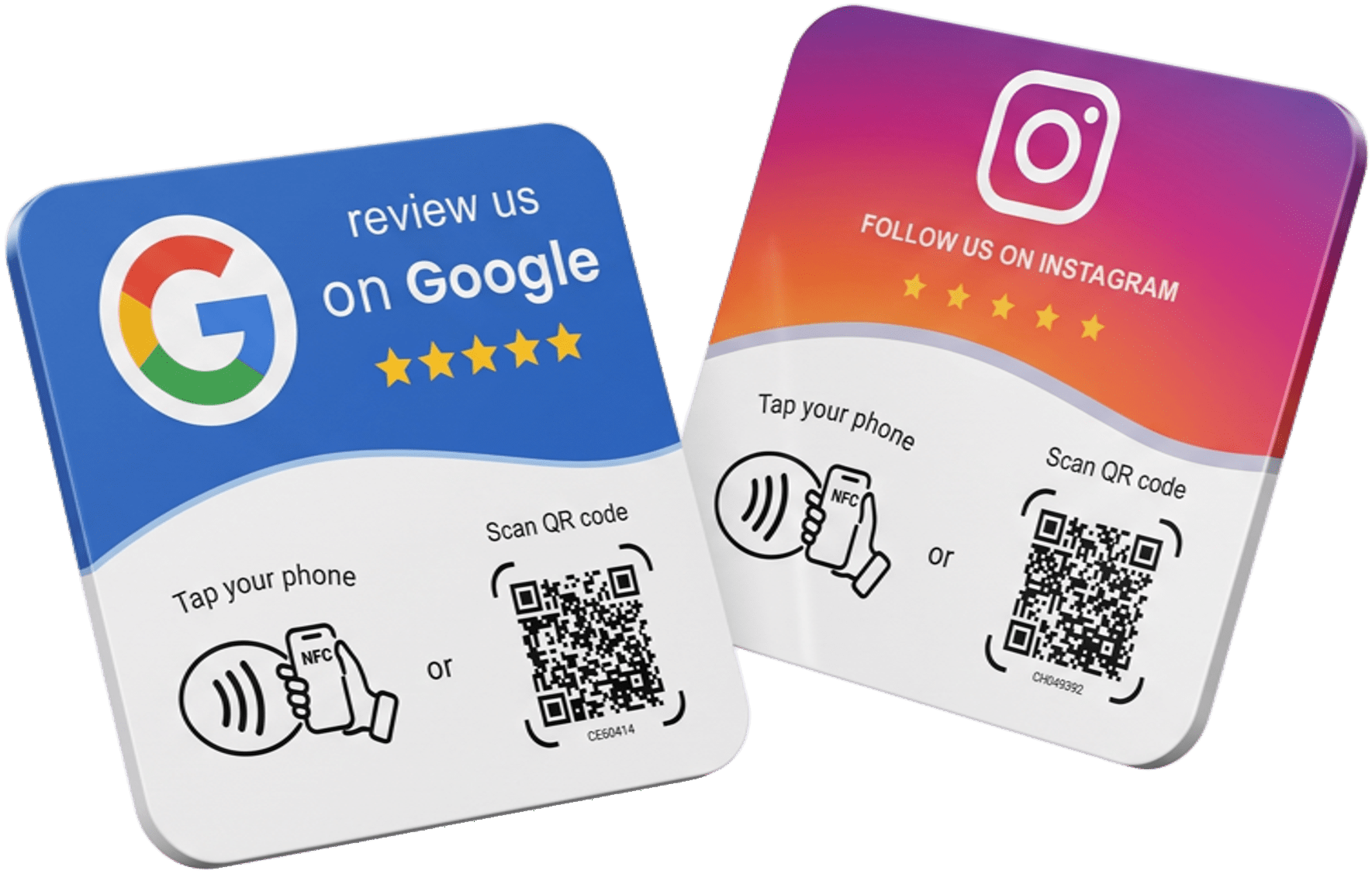 Placa NFC com os cards de avaliação no Google e de seguidores no Instagram